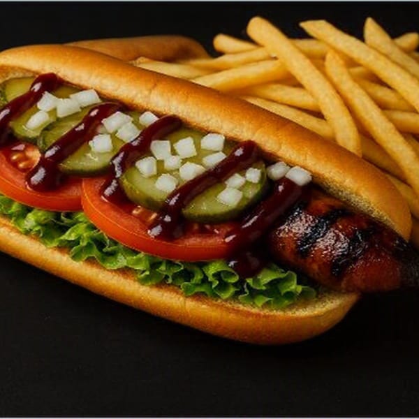 Grilled hot dog with lettuce, tomato, pickles, onions, and ketchup, served with fries.