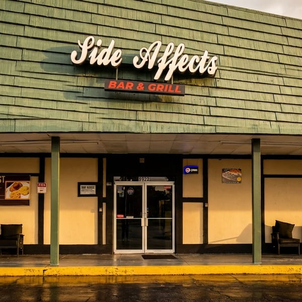 The exterior of Side Affects Bar & Grill, with a green roof and a breakfast menu sign.