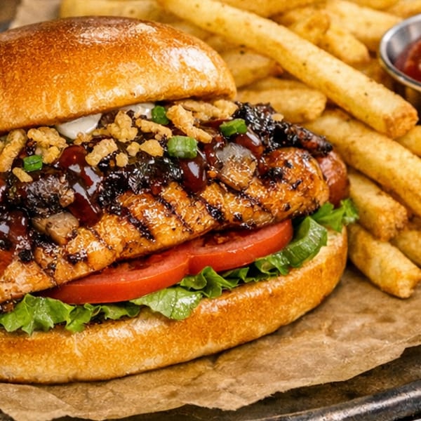 Gourmet hot dog with grilled chicken, bacon, crispy onions, and BBQ sauce, served with fries and ketchup.