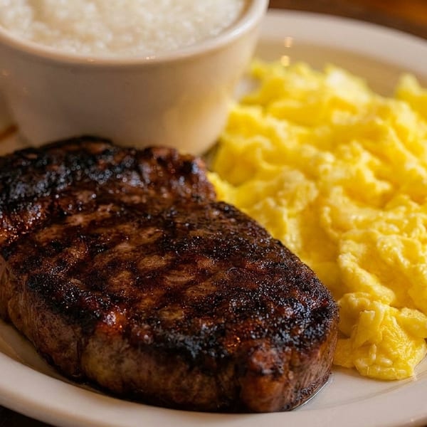 Grilled steak, fluffy scrambled eggs, and a side of creamy grits on a white plate.