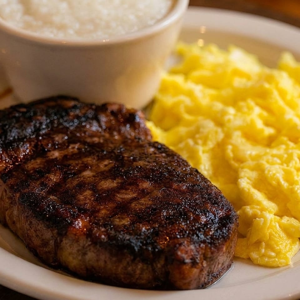 Grilled steak, fluffy scrambled eggs, and a side of creamy grits on a white plate.