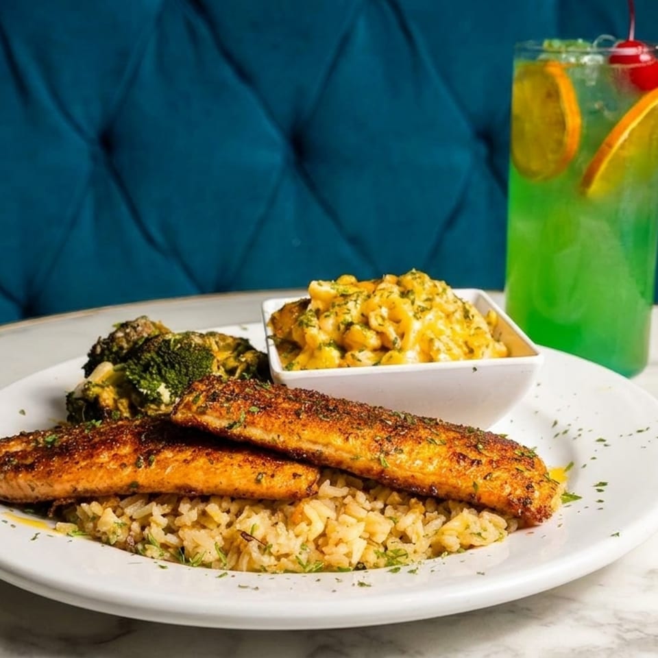 Two seasoned fish fillets on rice, with broccoli, mac and cheese, and a green cocktail.