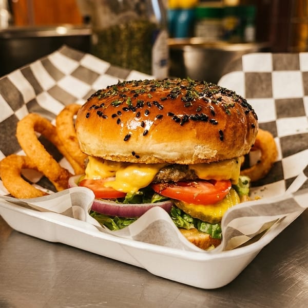 A loaded cheeseburger with onion rings in a checkered paper-lined tray on a stainless steel counter.