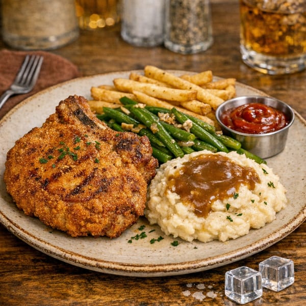 Crispy fried pork chop with mashed potatoes, gravy, green beans, fries, and ketchup on a plate.