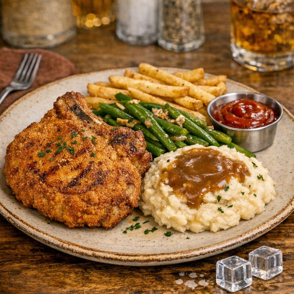 Crispy fried pork chop with mashed potatoes, gravy, green beans, fries, and ketchup on a plate.