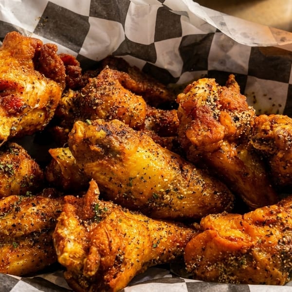 Crispy, seasoned chicken wings in a basket with checkered paper, and a glass of beer.