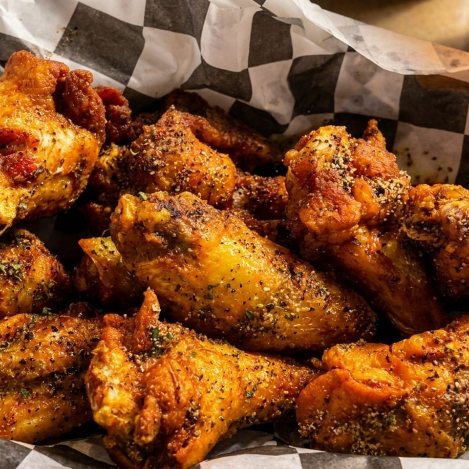 Crispy, seasoned chicken wings in a basket with checkered paper, and a glass of beer.