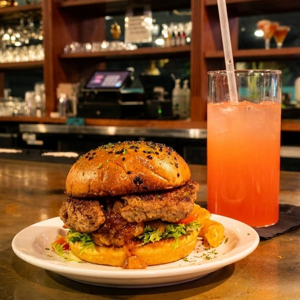 Gourmet burger and pink cocktail on a rustic bar counter with a liquor shelf background.